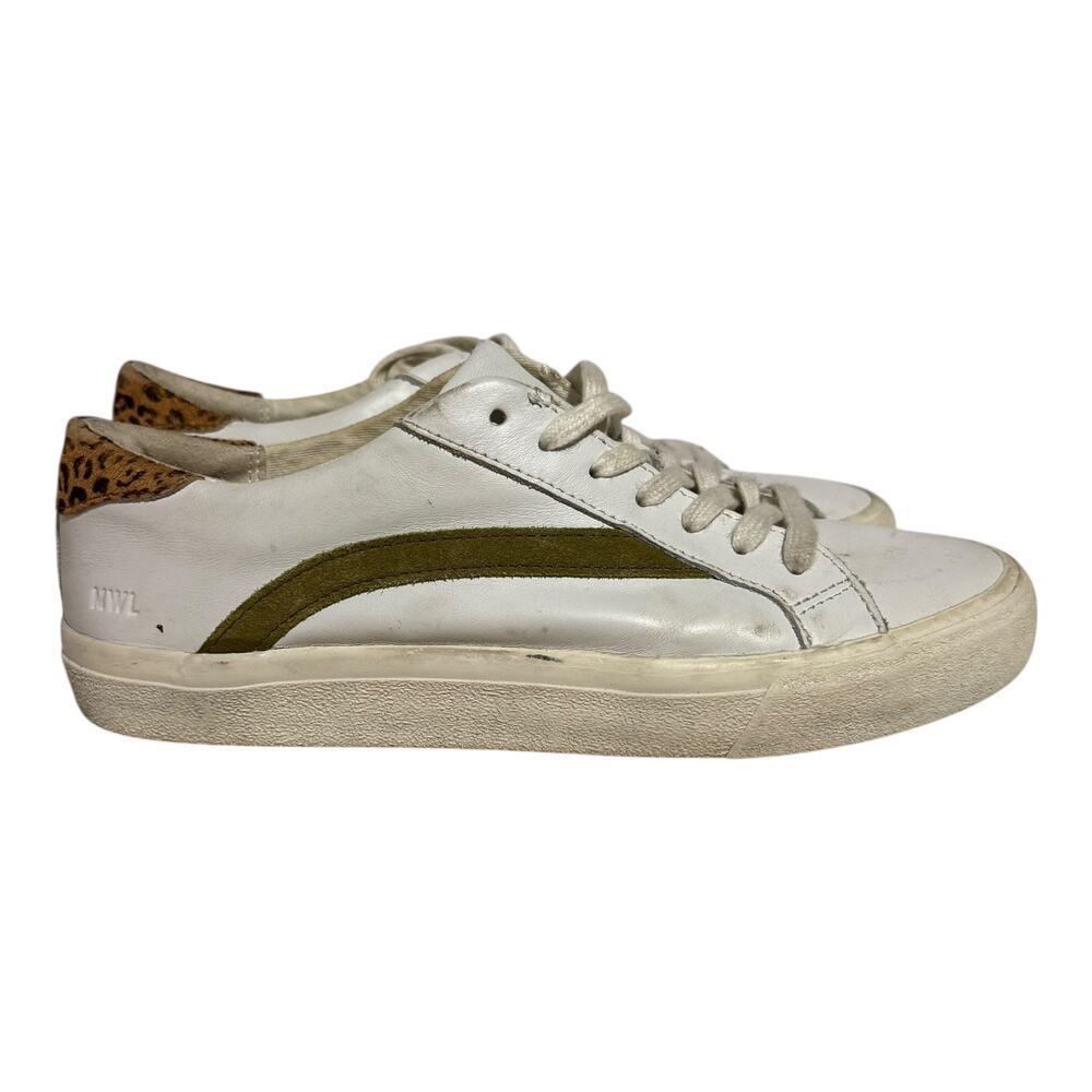 Madewell White Leather Sneakers Womens Size 8 Olive Stripe Leopard Print Luxe